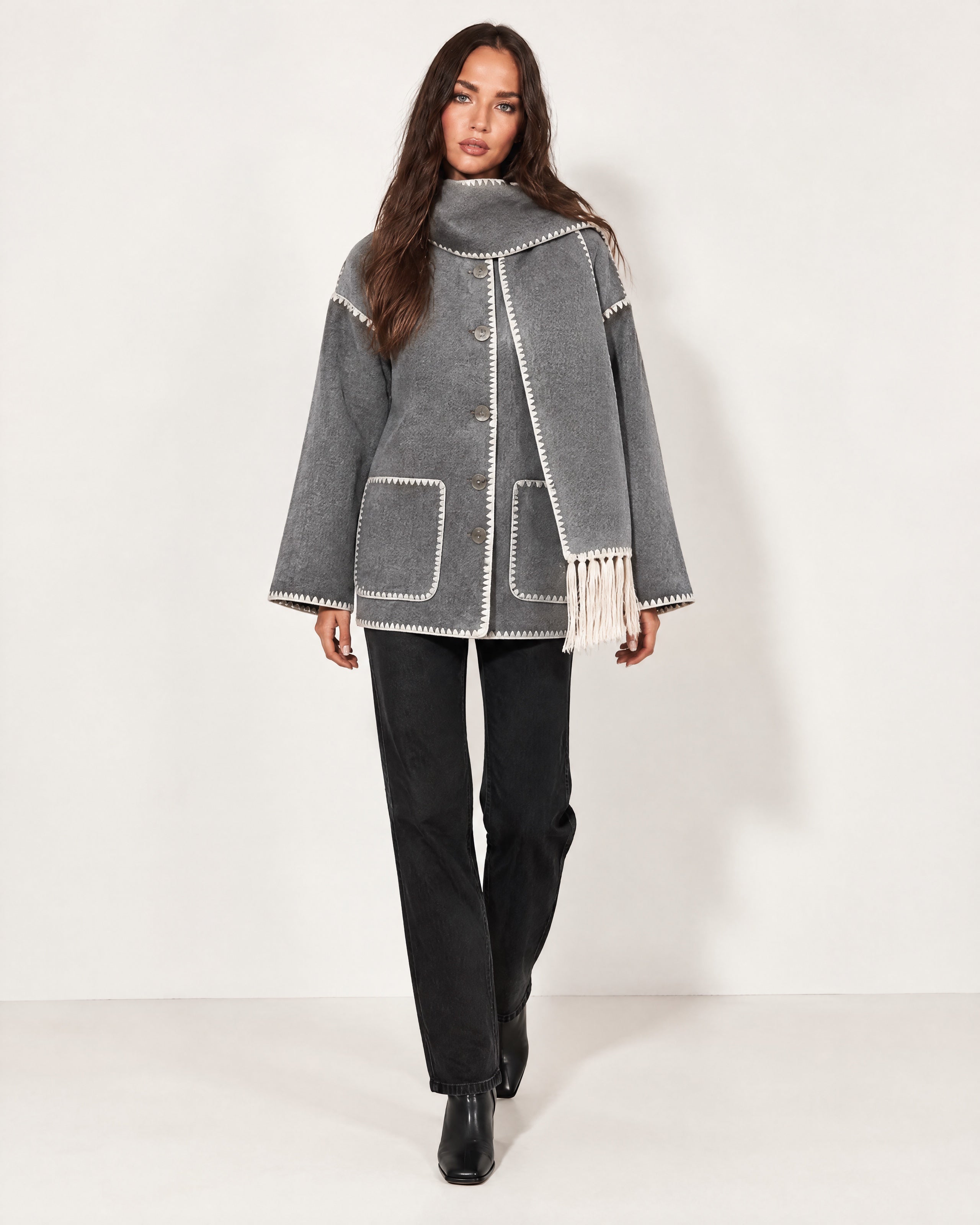 Grey Scarf Coat with Contrast Stitch Trim