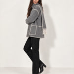 Grey Scarf Coat with Contrast Stitch Trim