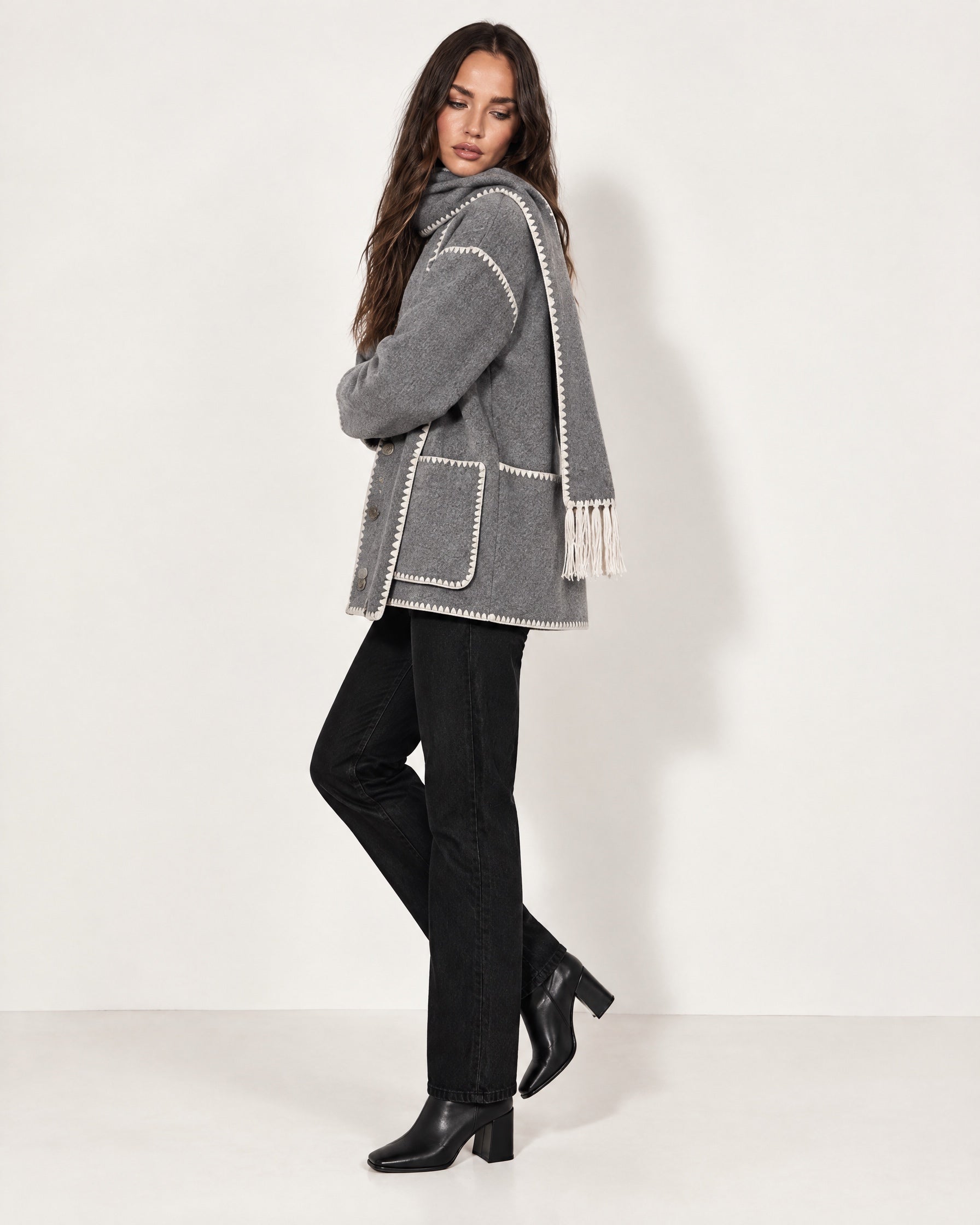 Grey Scarf Coat with Contrast Stitch Trim