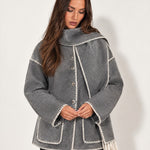 Grey Scarf Coat with Contrast Stitch Trim