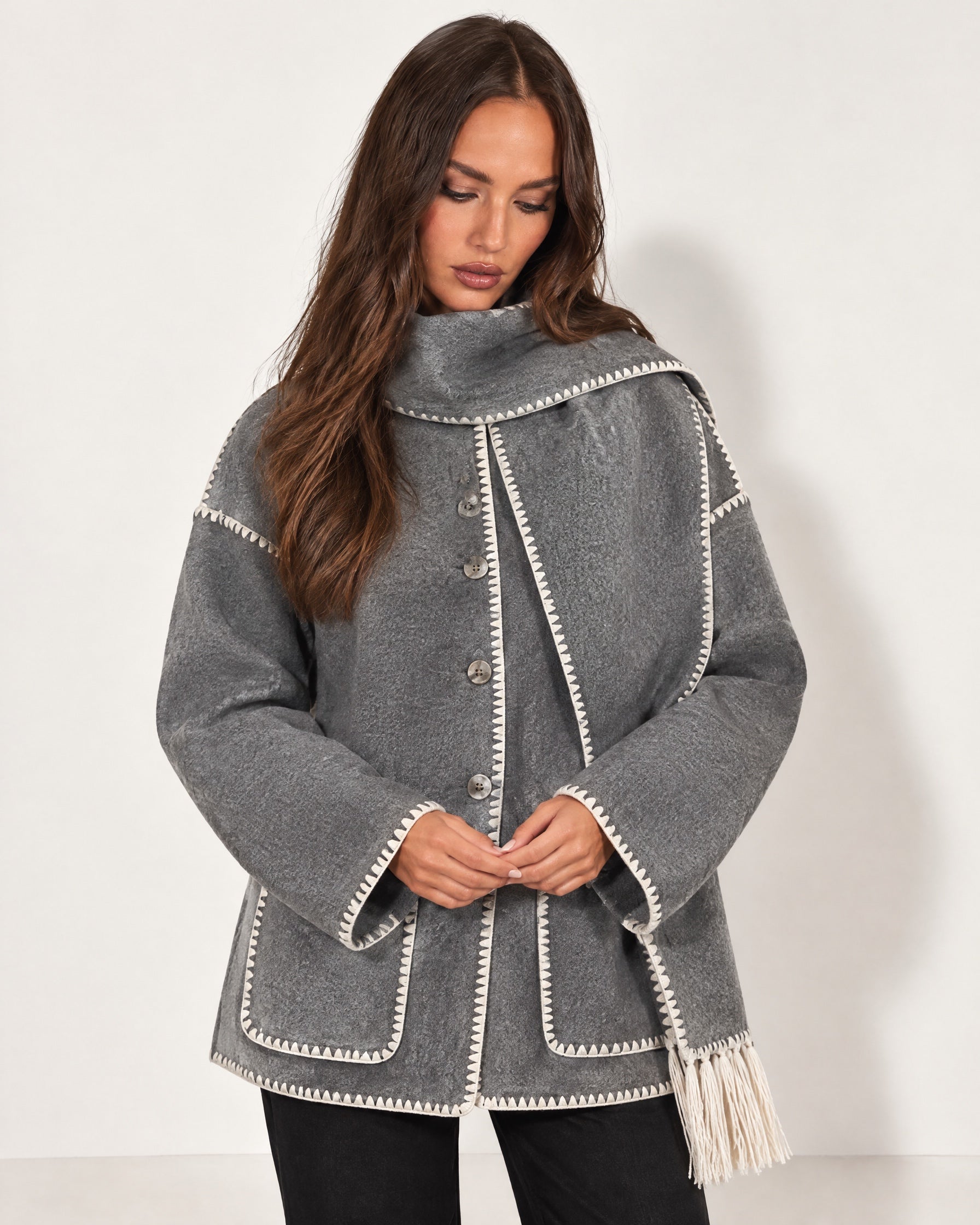 Grey Scarf Coat with Contrast Stitch Trim
