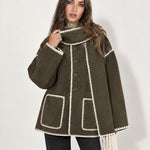 Olive Scarf Coat with Contrast Stitch Trim