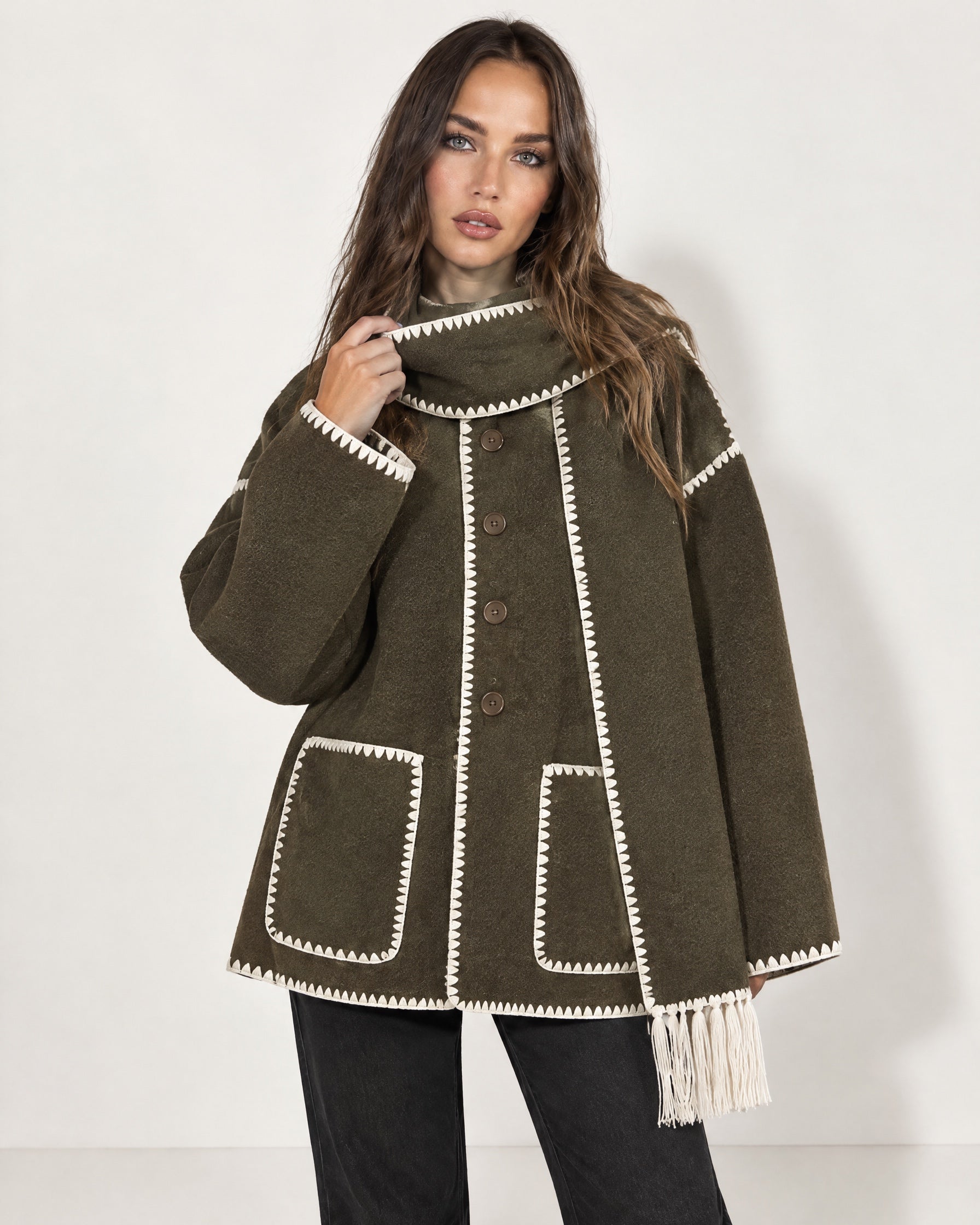 Olive Scarf Coat with Contrast Stitch Trim