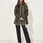 Olive Scarf Coat with Contrast Stitch Trim