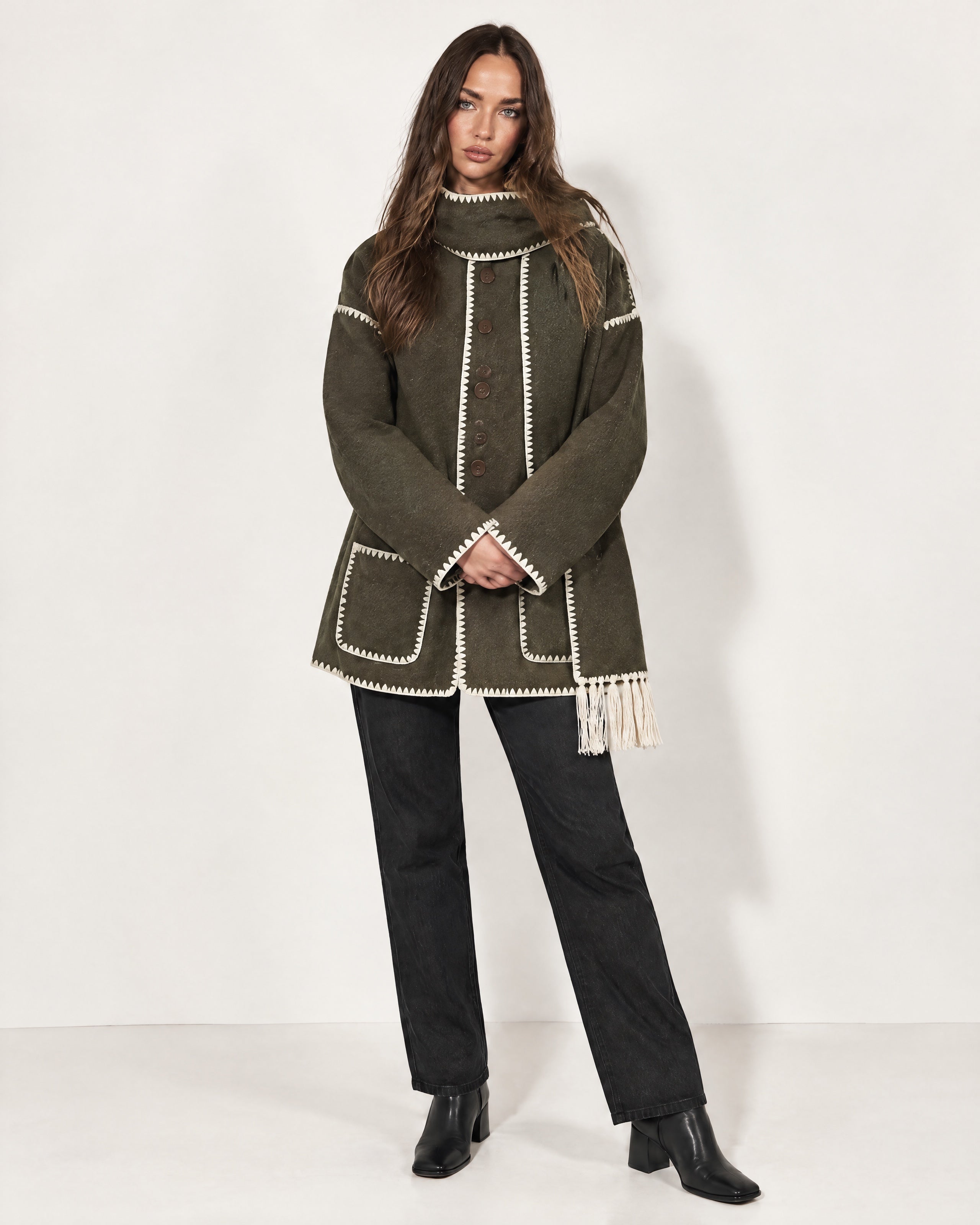 Olive Scarf Coat with Contrast Stitch Trim