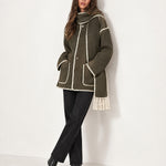 Olive Scarf Coat with Contrast Stitch Trim