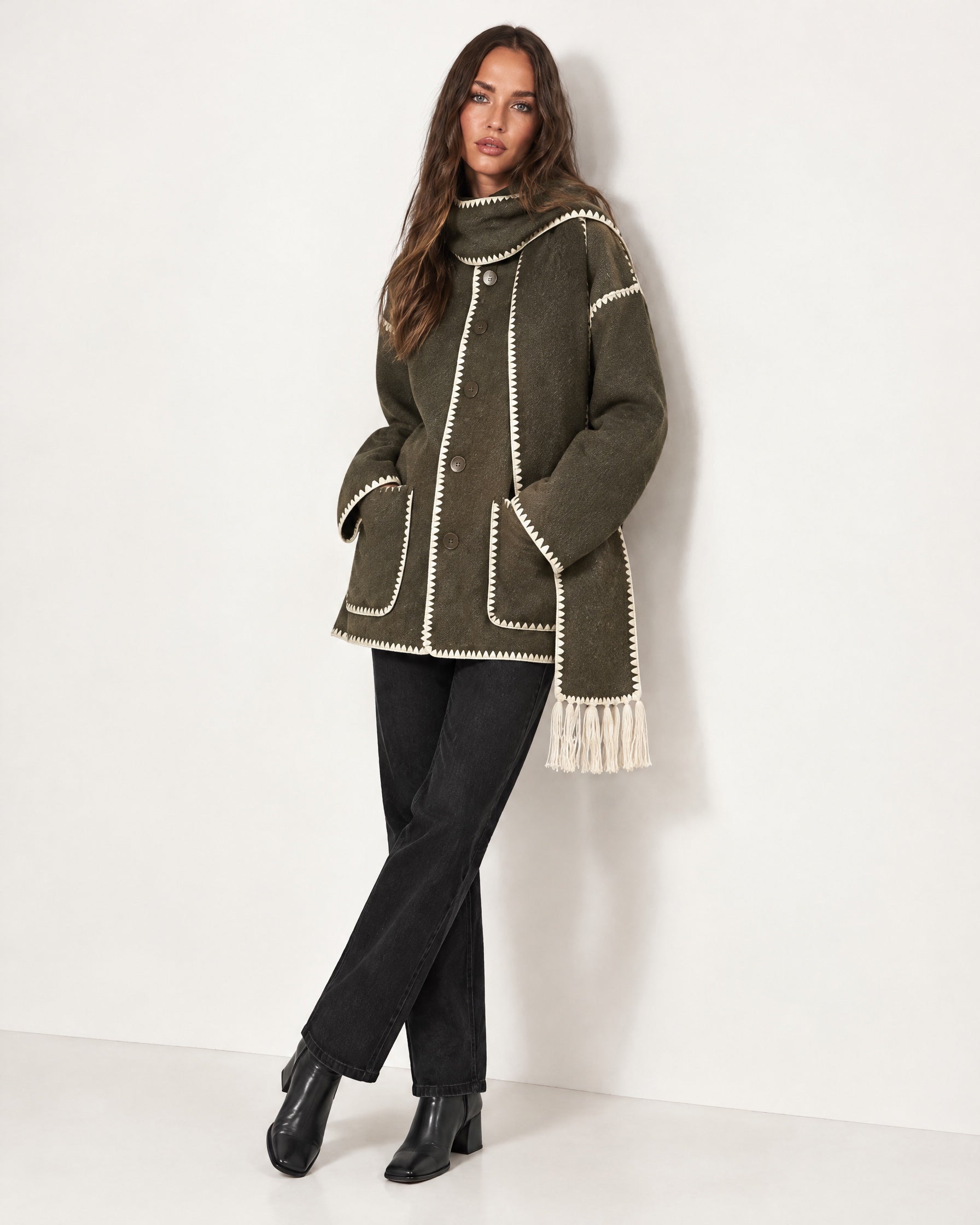 Olive Scarf Coat with Contrast Stitch Trim