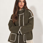 Olive Scarf Coat with Contrast Stitch Trim
