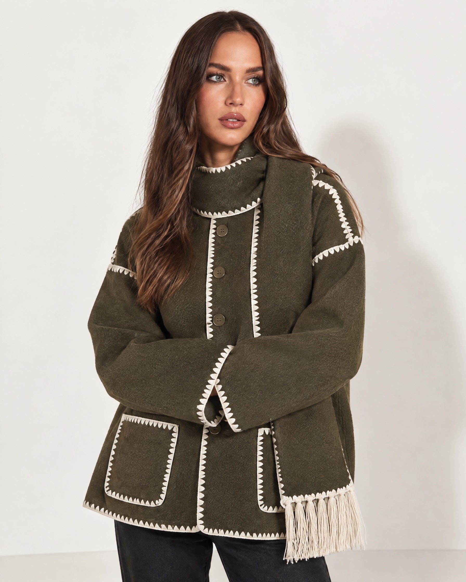 Olive Scarf Coat with Contrast Stitch Trim