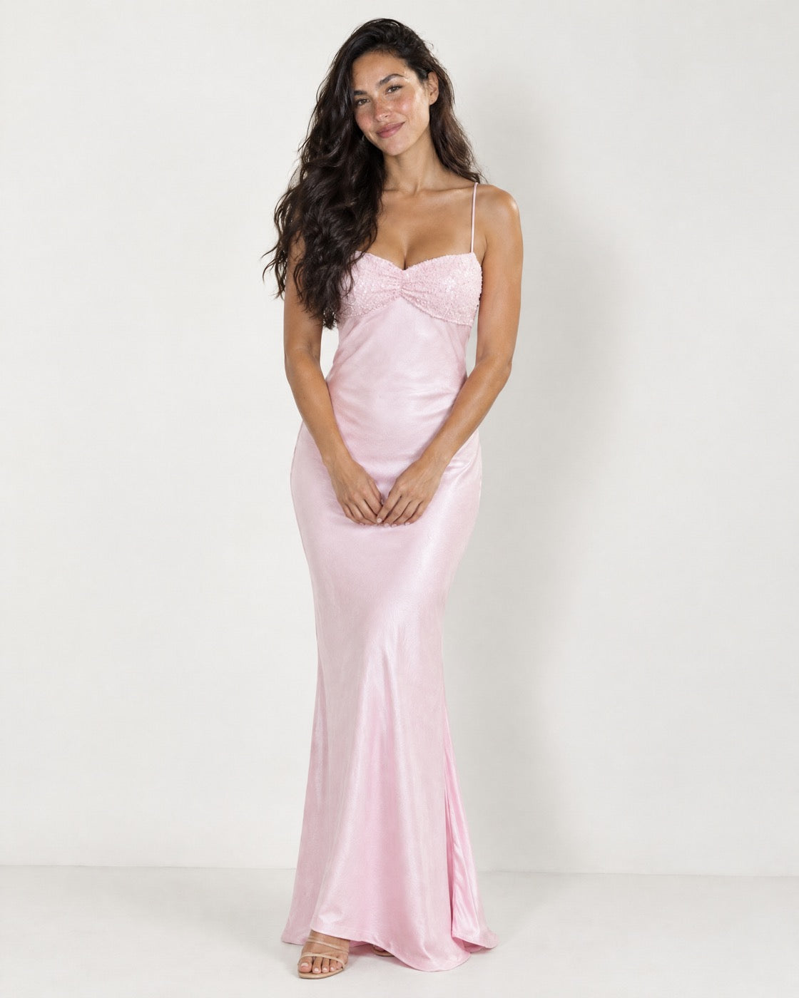 Pink Slip Maxi Dress Sequin Bust Tie Back