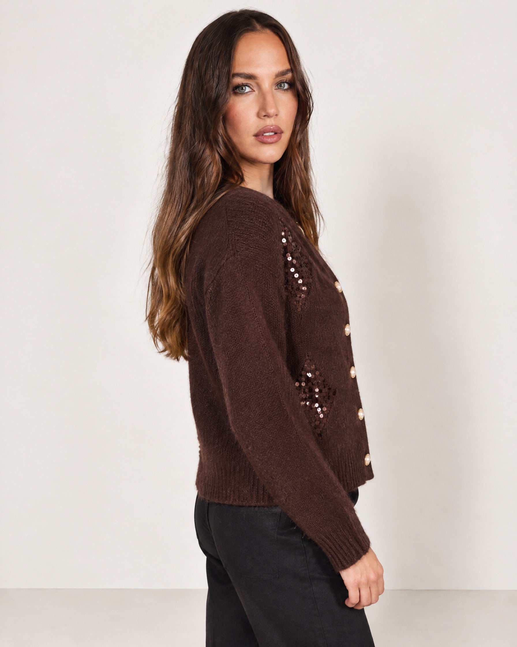 Chocolate Sequin Cardigan Diamond Button Front