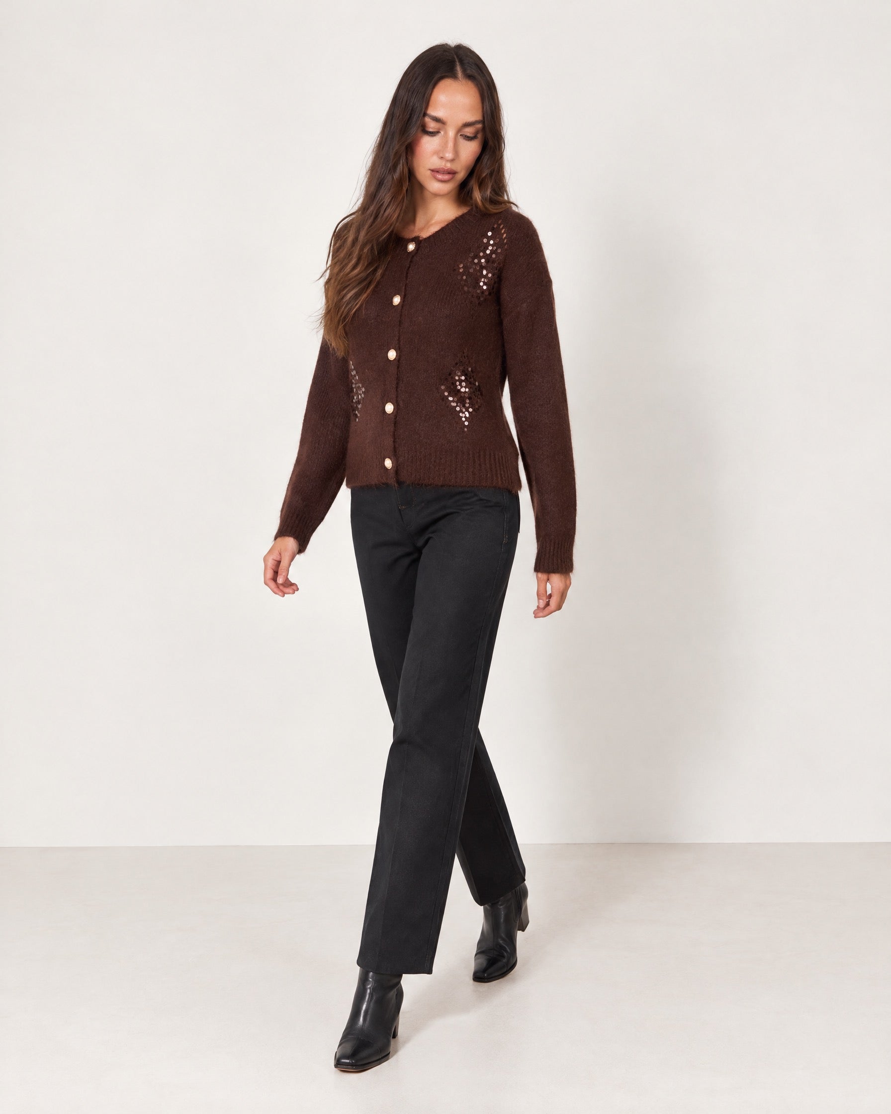 Chocolate Sequin Cardigan Diamond Button Front