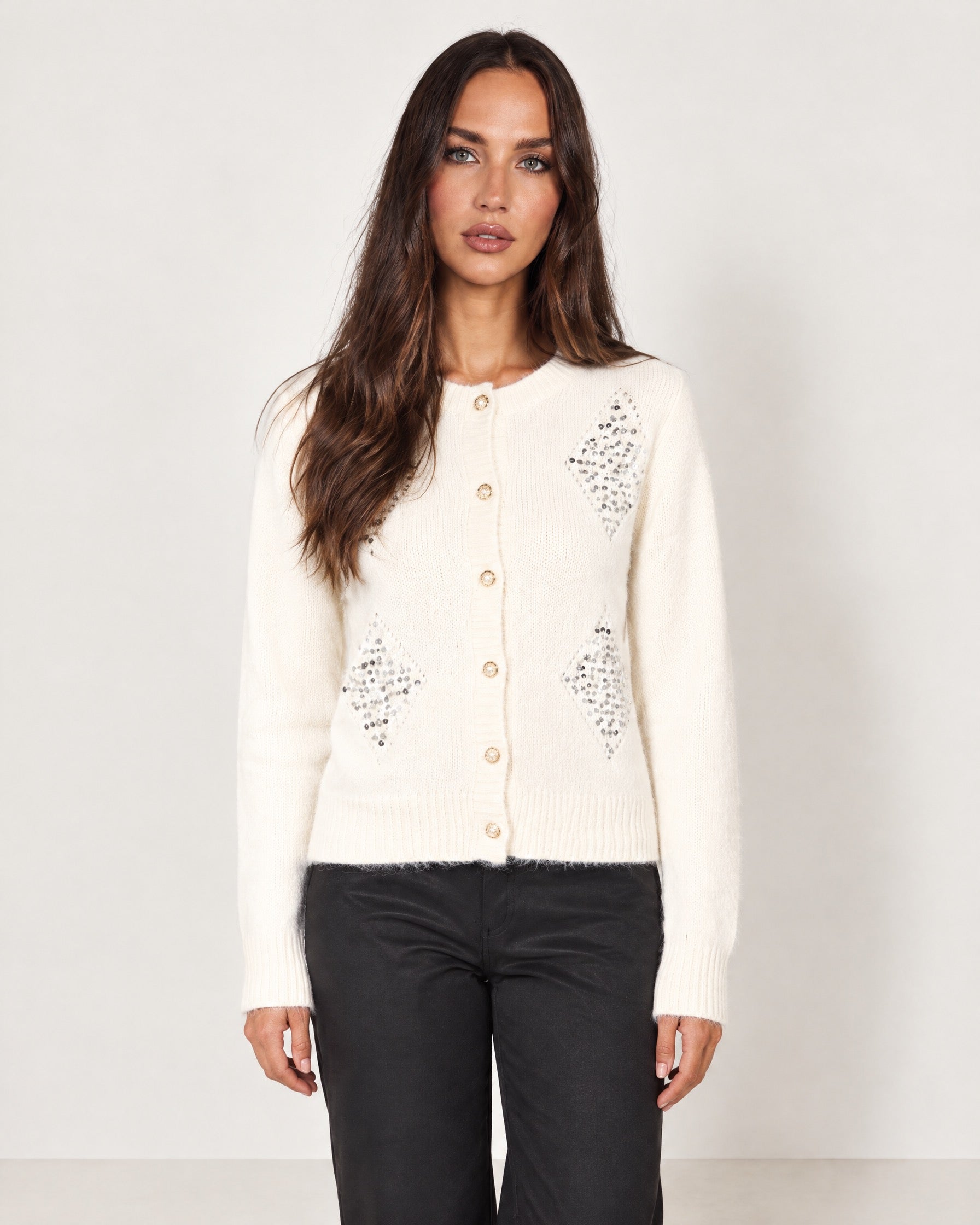 Ivory Sequin Cardigan Diamond Button Front