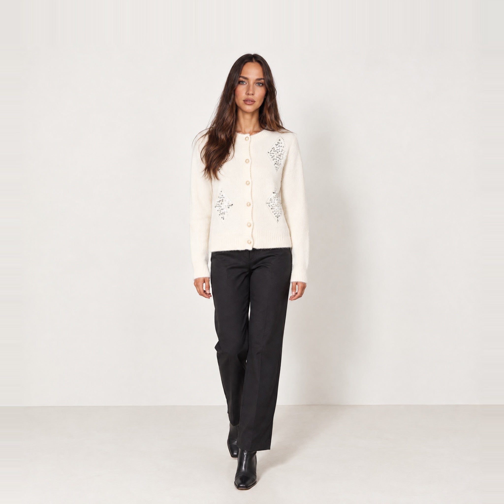 Ivory Sequin Cardigan Diamond Button Front