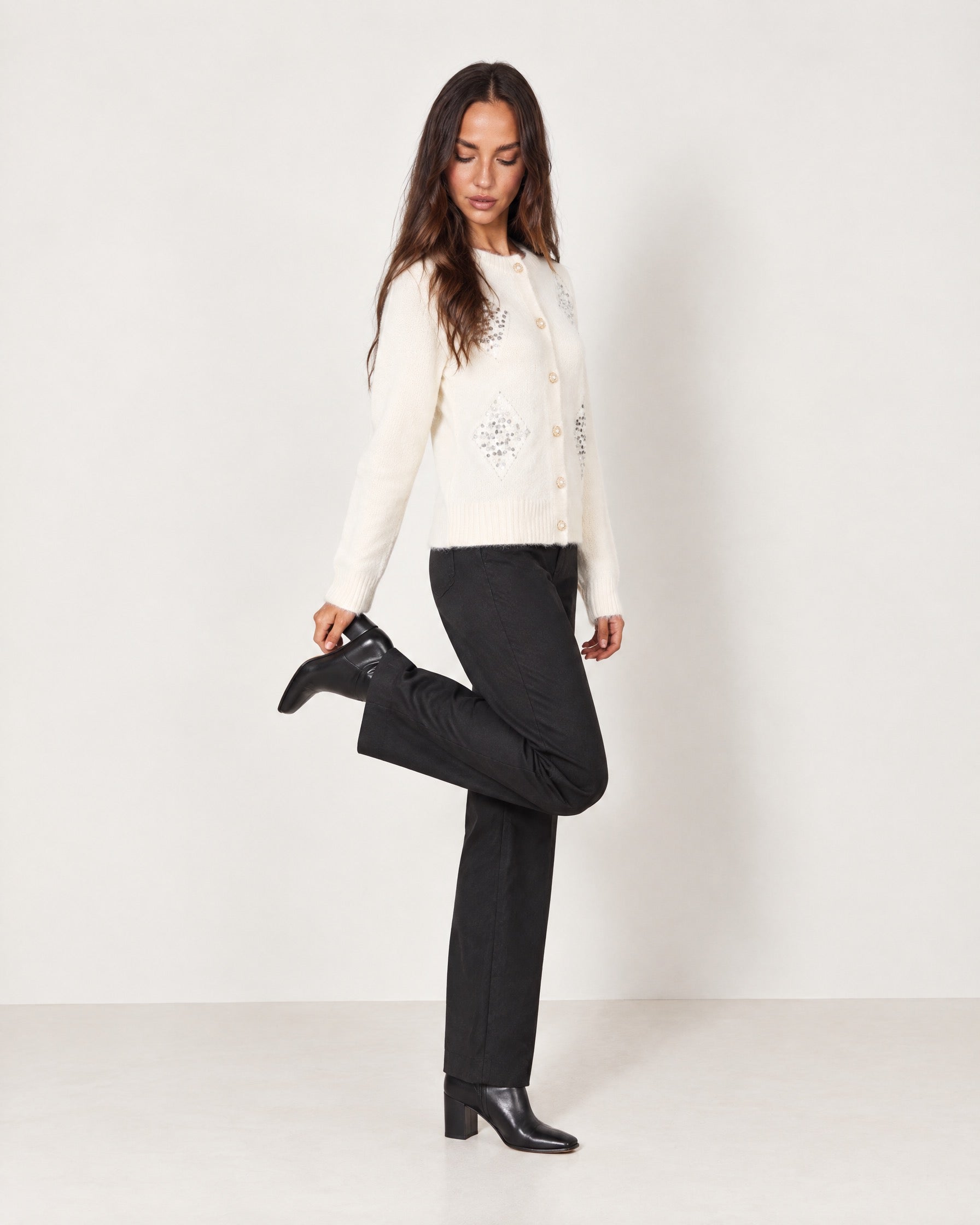 Ivory Sequin Cardigan Diamond Button Front