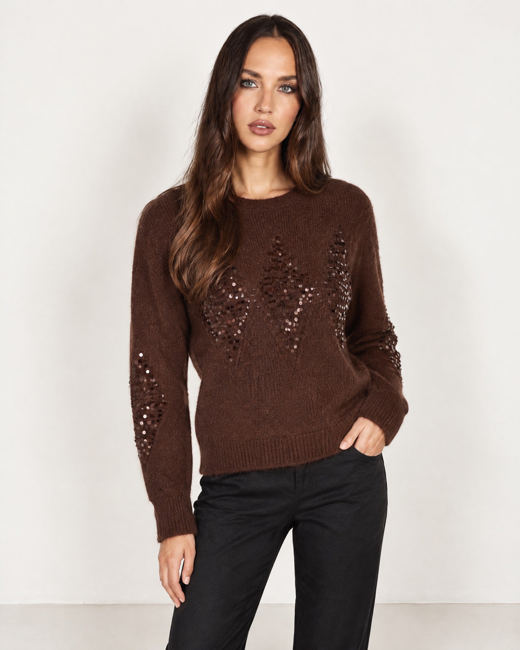 Chocolate Sequin Jumper Diamond Fluffy Knit