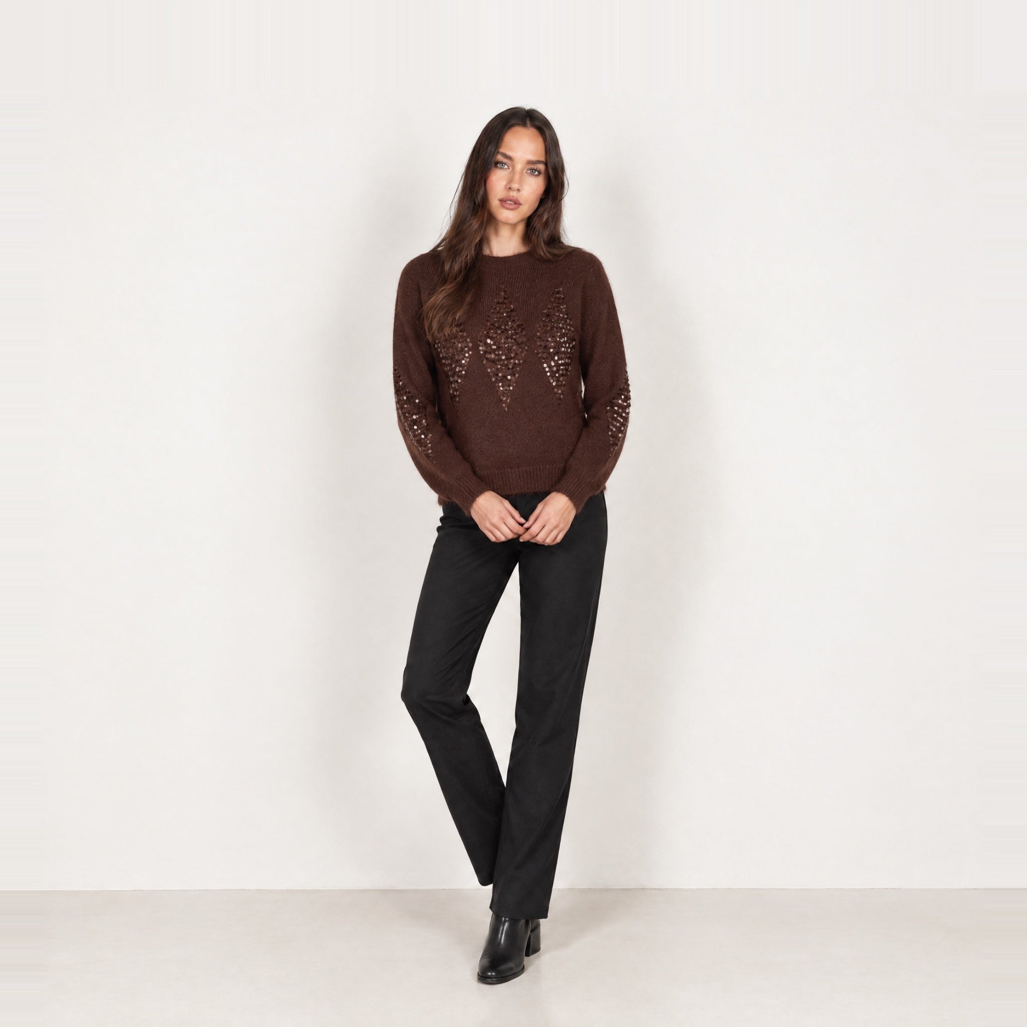 Chocolate Sequin Jumper Diamond Fluffy Knit