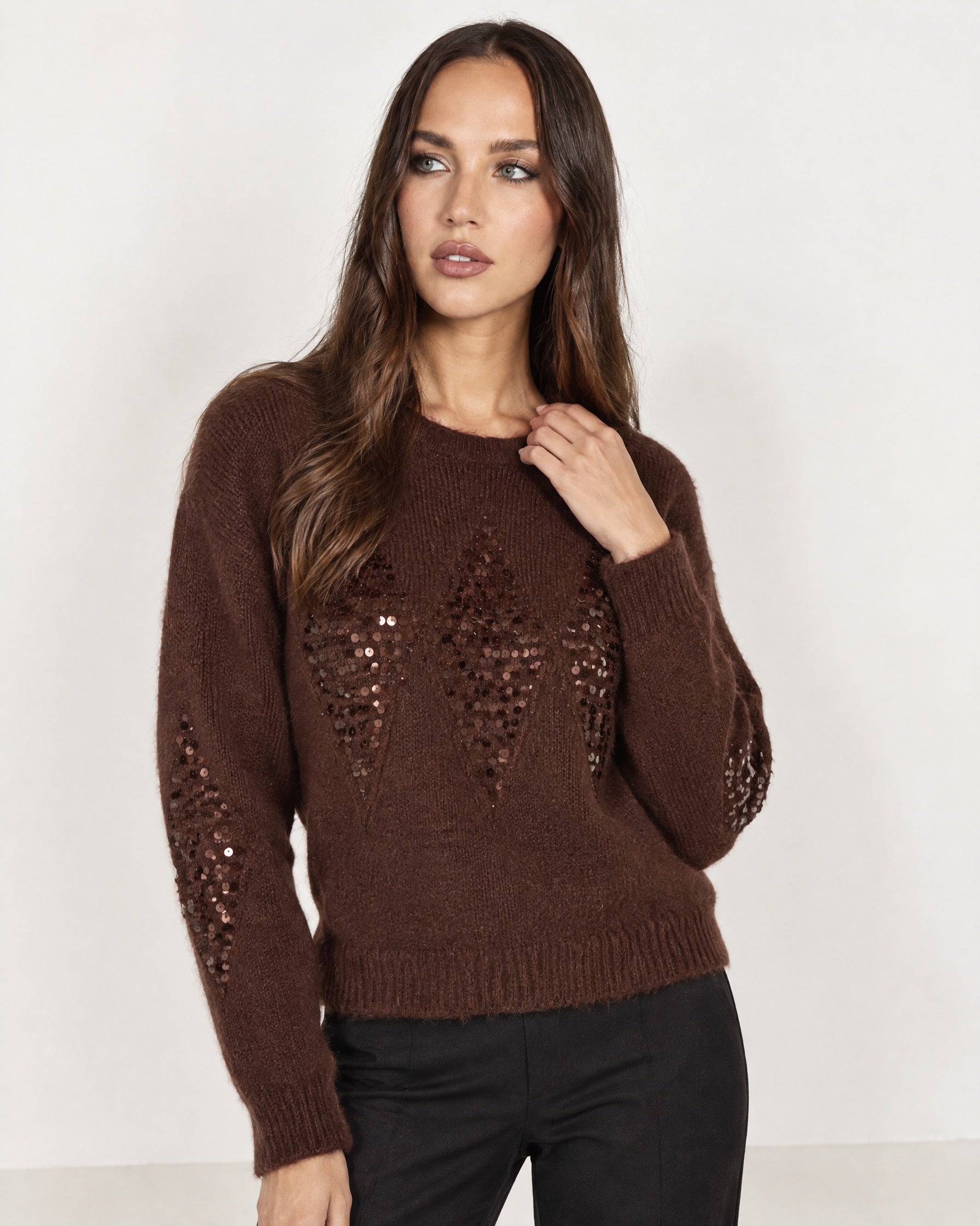 Chocolate Sequin Jumper Diamond Fluffy Knit