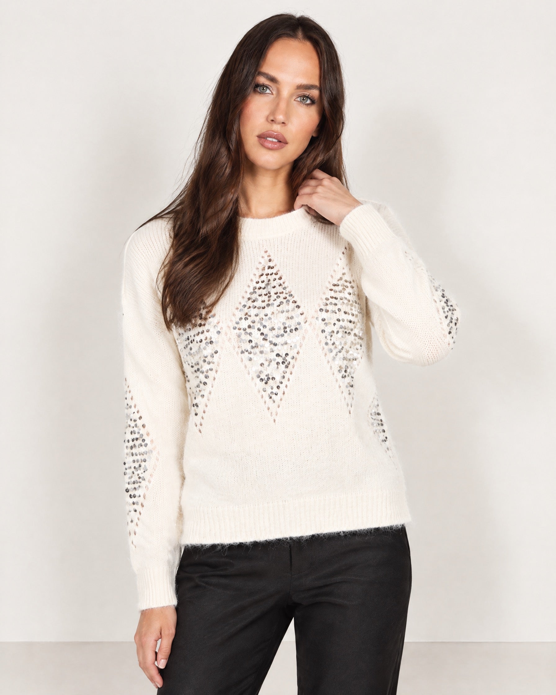 Ivory Sequin Jumper Diamond Fluffy Knit