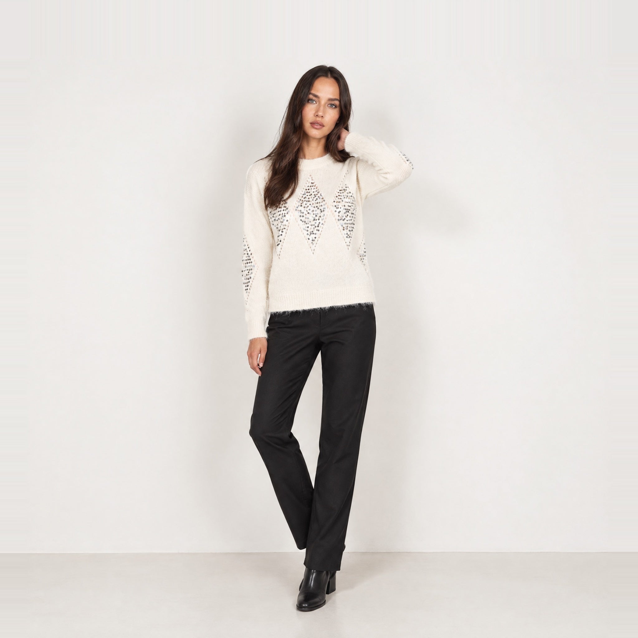 Ivory Sequin Jumper Diamond Fluffy Knit