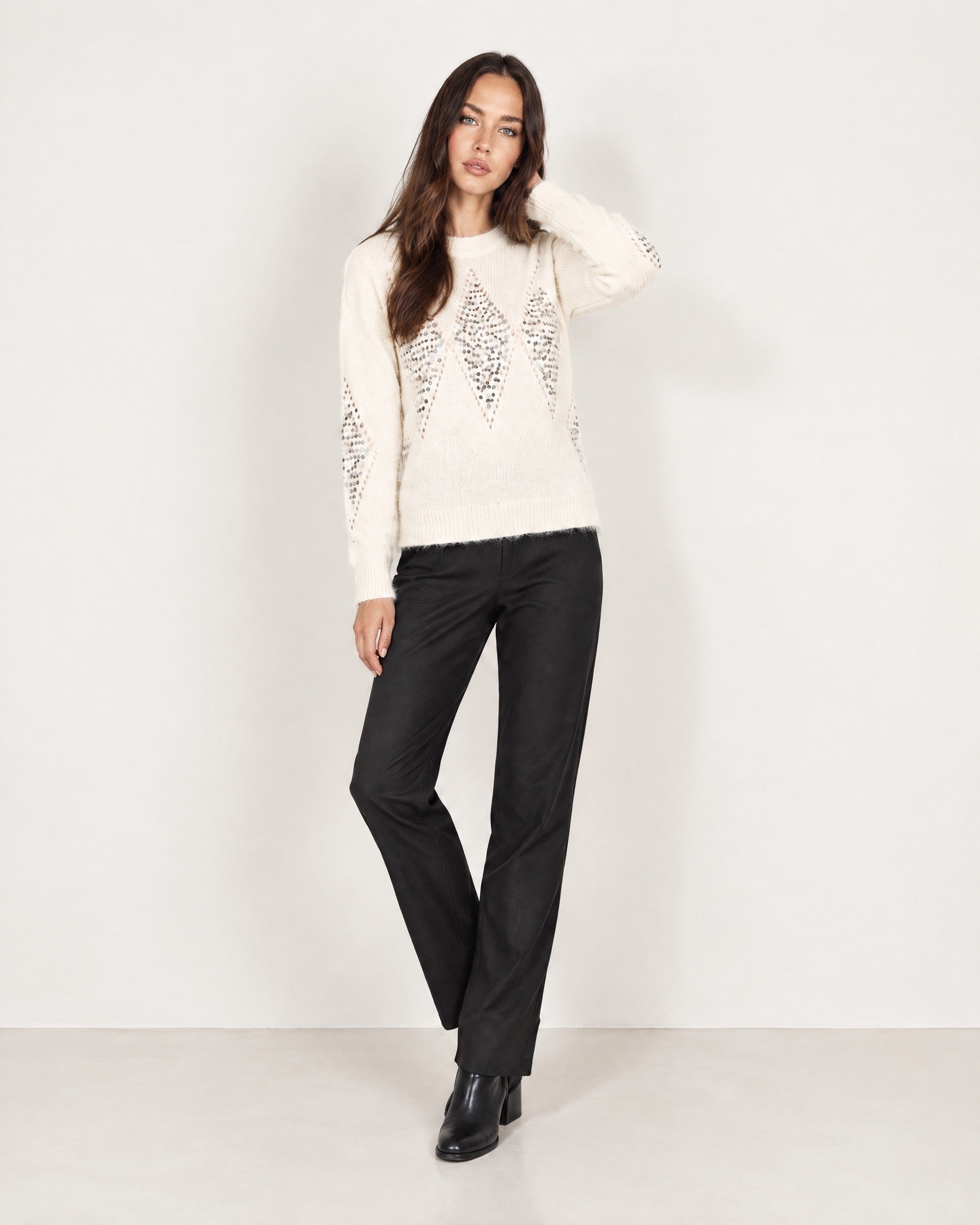 Ivory Sequin Jumper Diamond Fluffy Knit