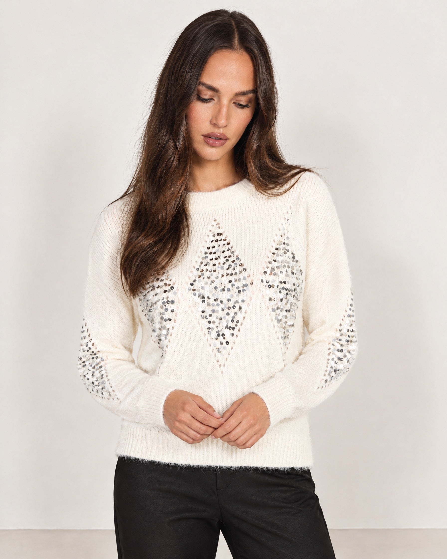 Ivory Sequin Jumper Diamond Fluffy Knit