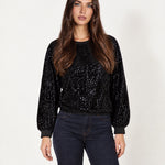 Black Sequin Top Long Sleeve Crew Neck