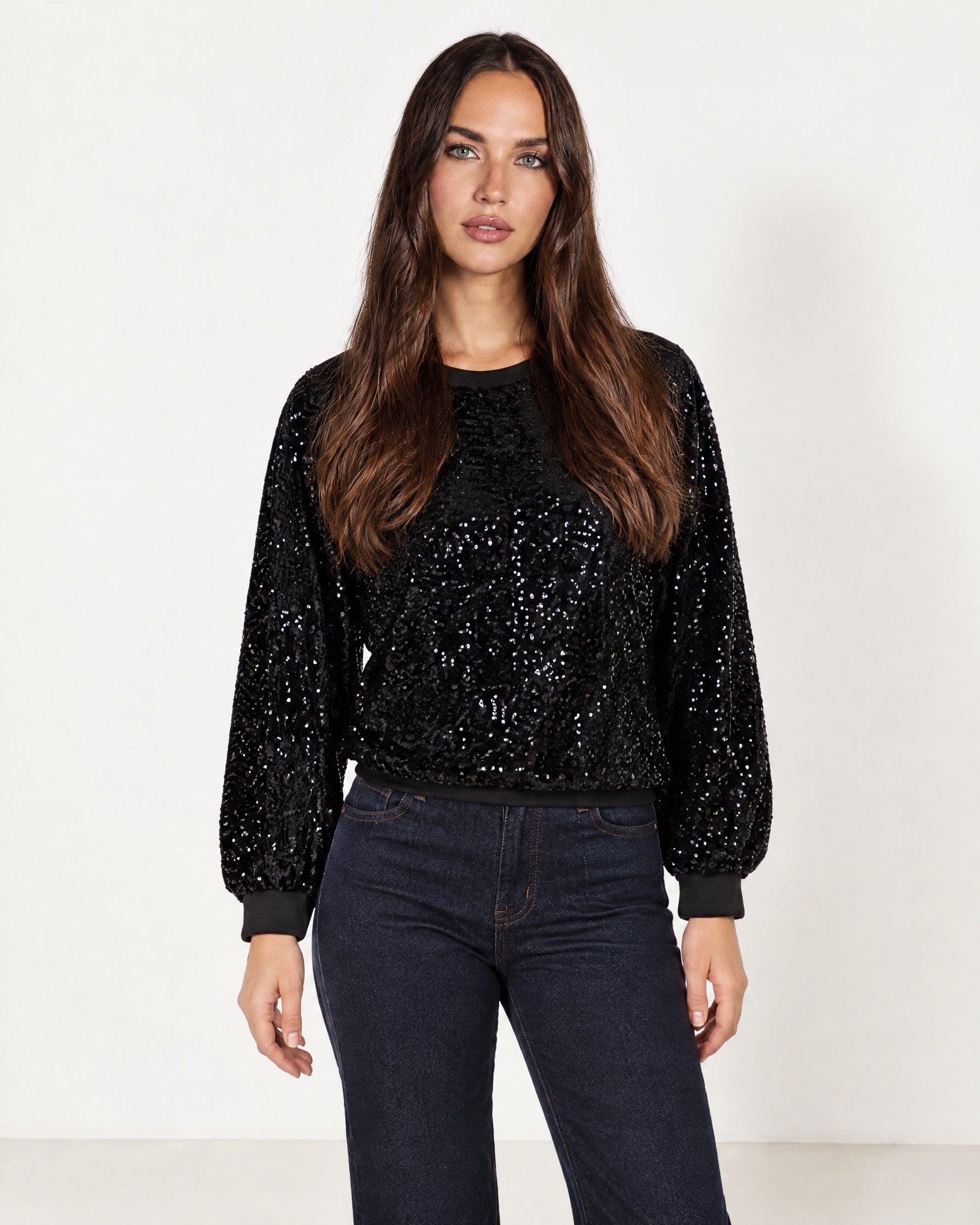 Black Sequin Top Long Sleeve Crew Neck
