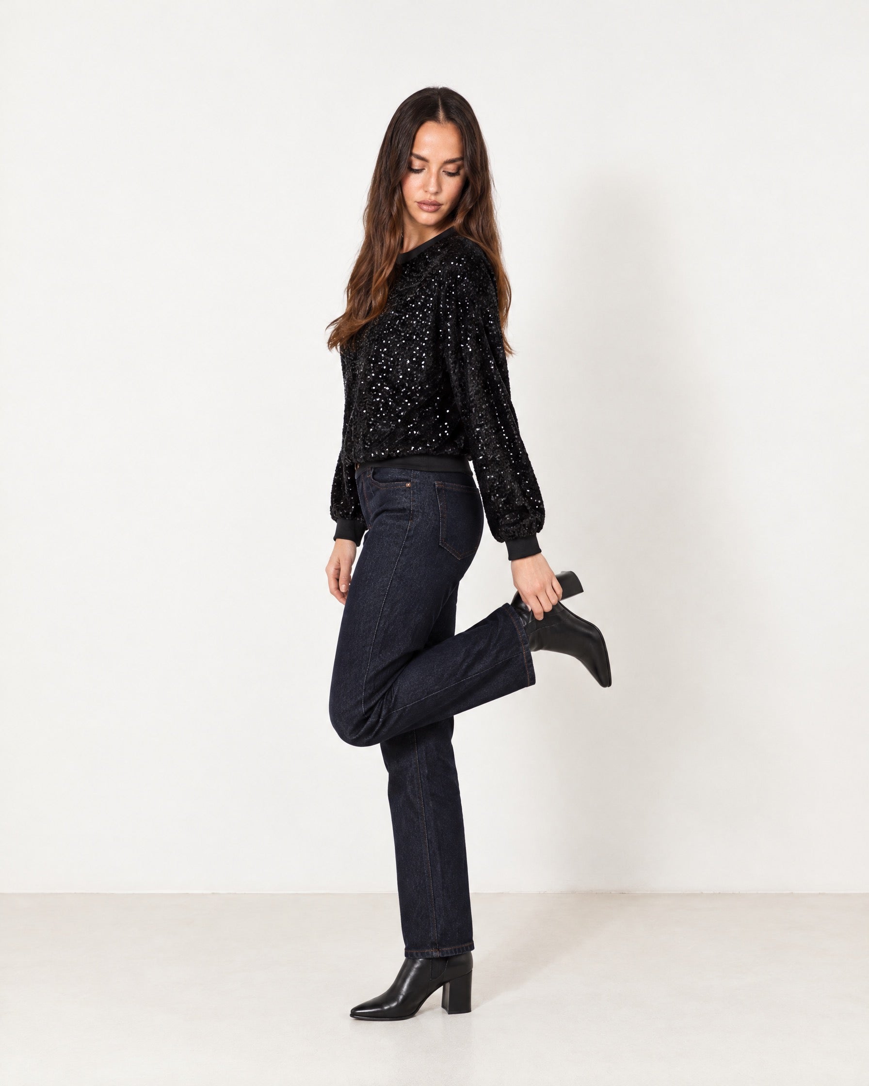 Black Sequin Top Long Sleeve Crew Neck