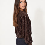 Chocolate Sequin Top Long Sleeve Crew Neck