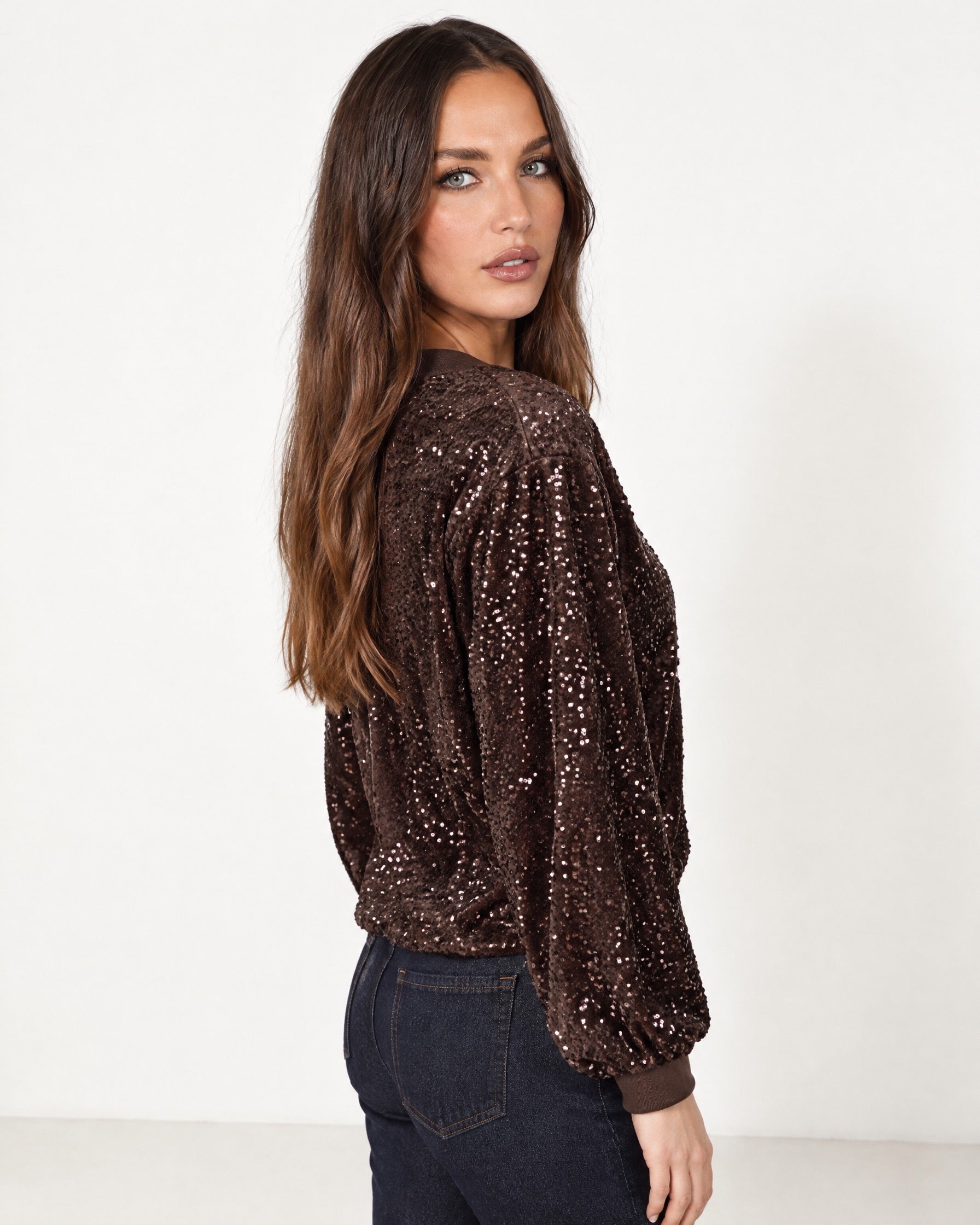Chocolate Sequin Top Long Sleeve Crew Neck