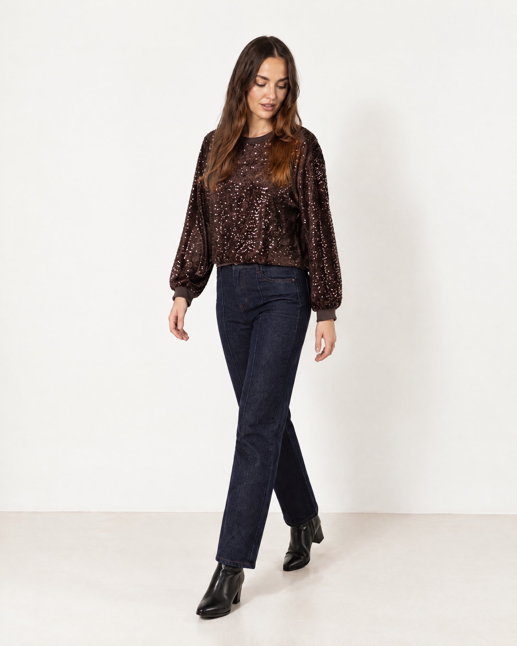Chocolate Sequin Top Long Sleeve Crew Neck