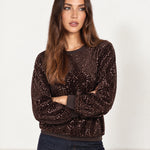 Chocolate Sequin Top Long Sleeve Crew Neck