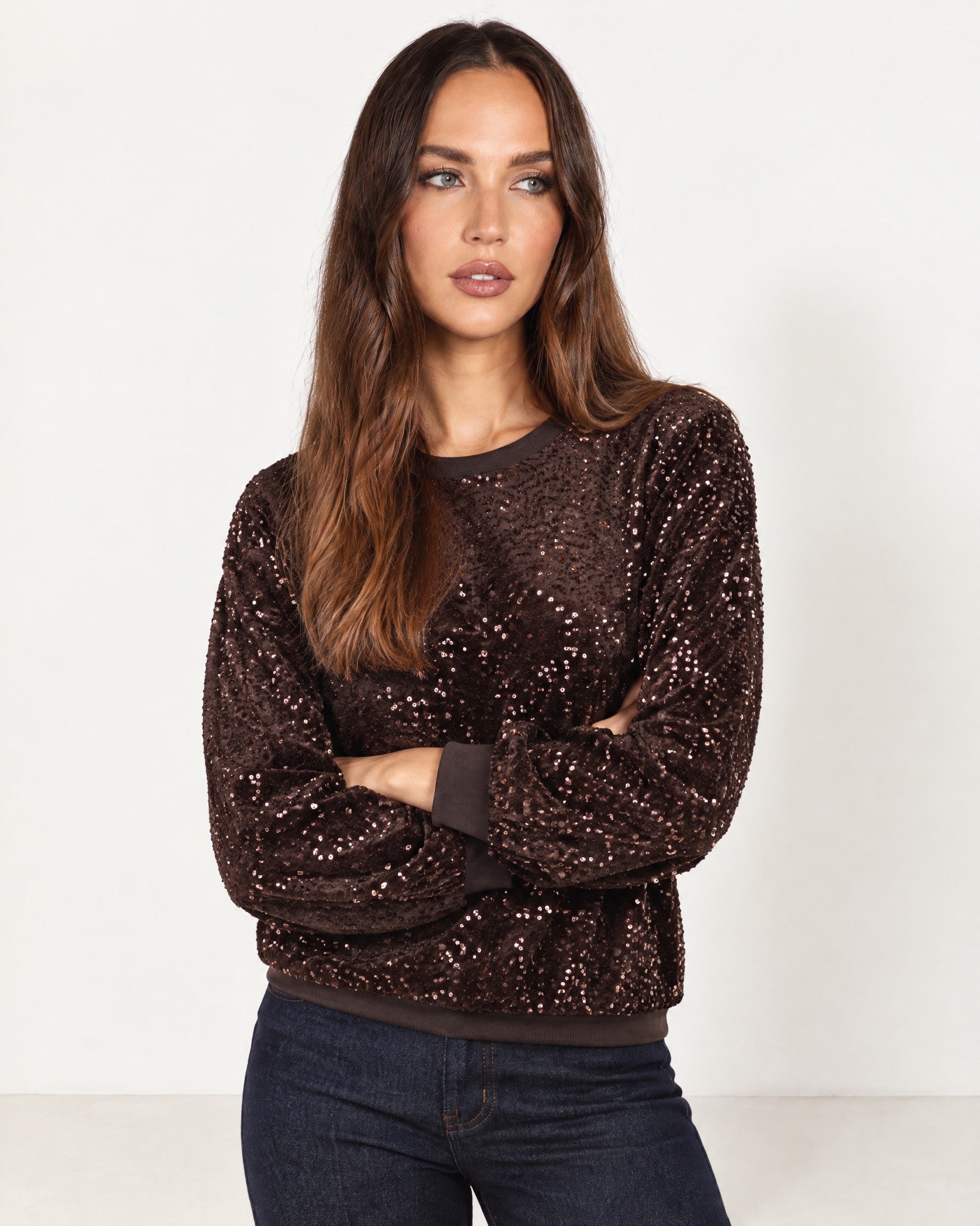 Chocolate Sequin Top Long Sleeve Crew Neck