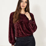Wine Sequin Top Long Sleeve Crew Neck