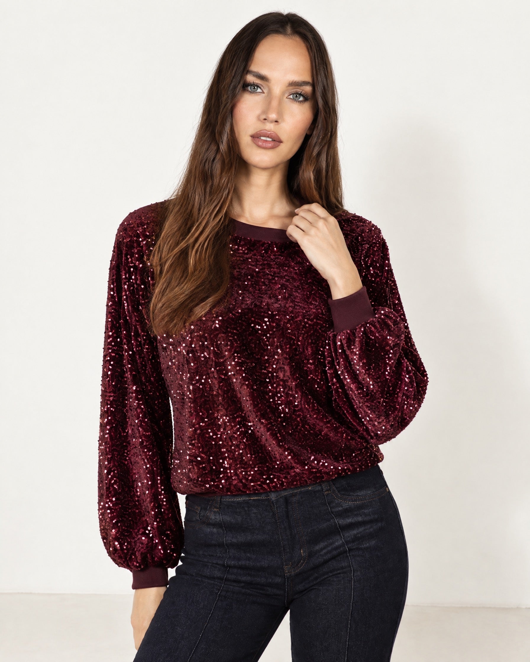 Wine Sequin Top Long Sleeve Crew Neck