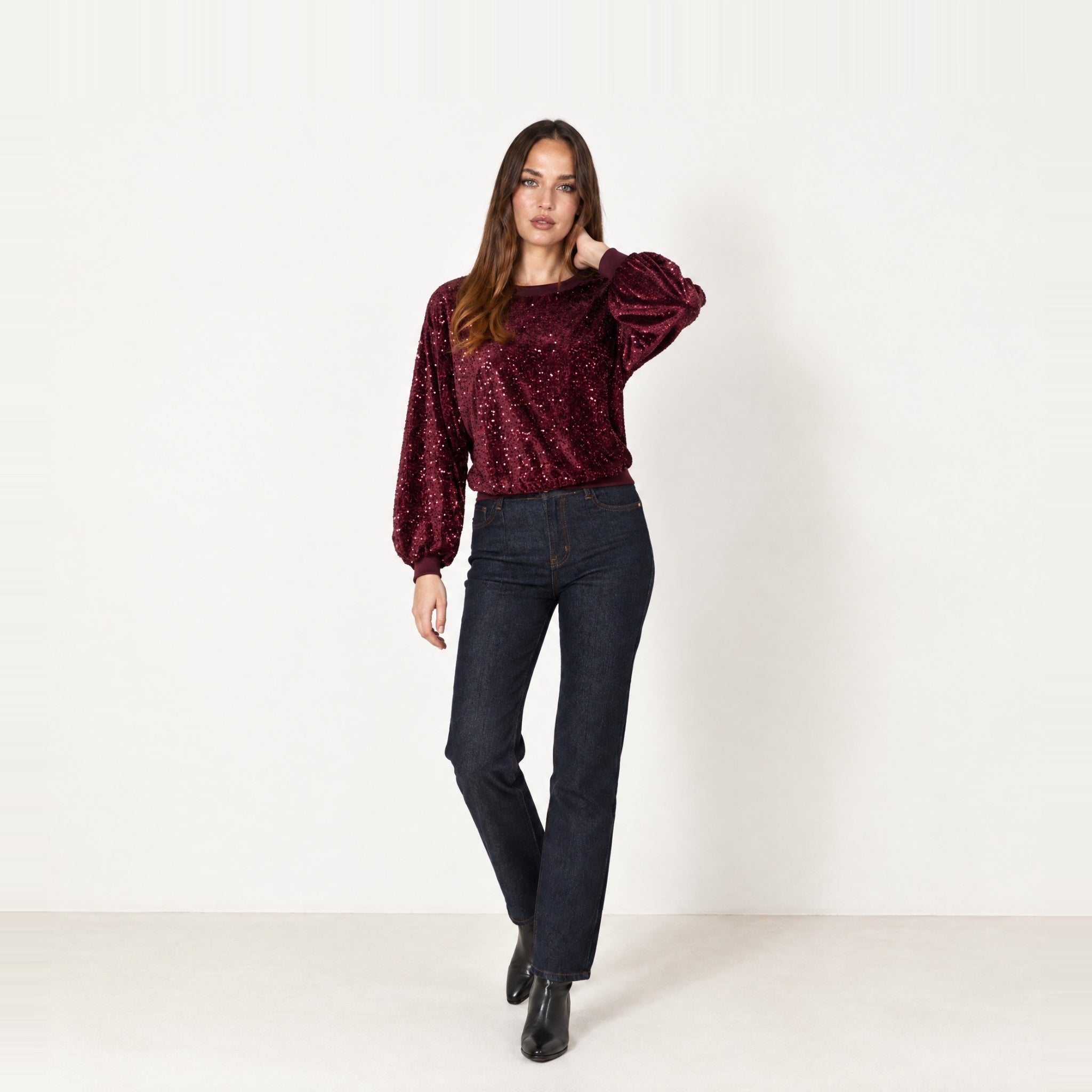 Wine Sequin Top Long Sleeve Crew Neck