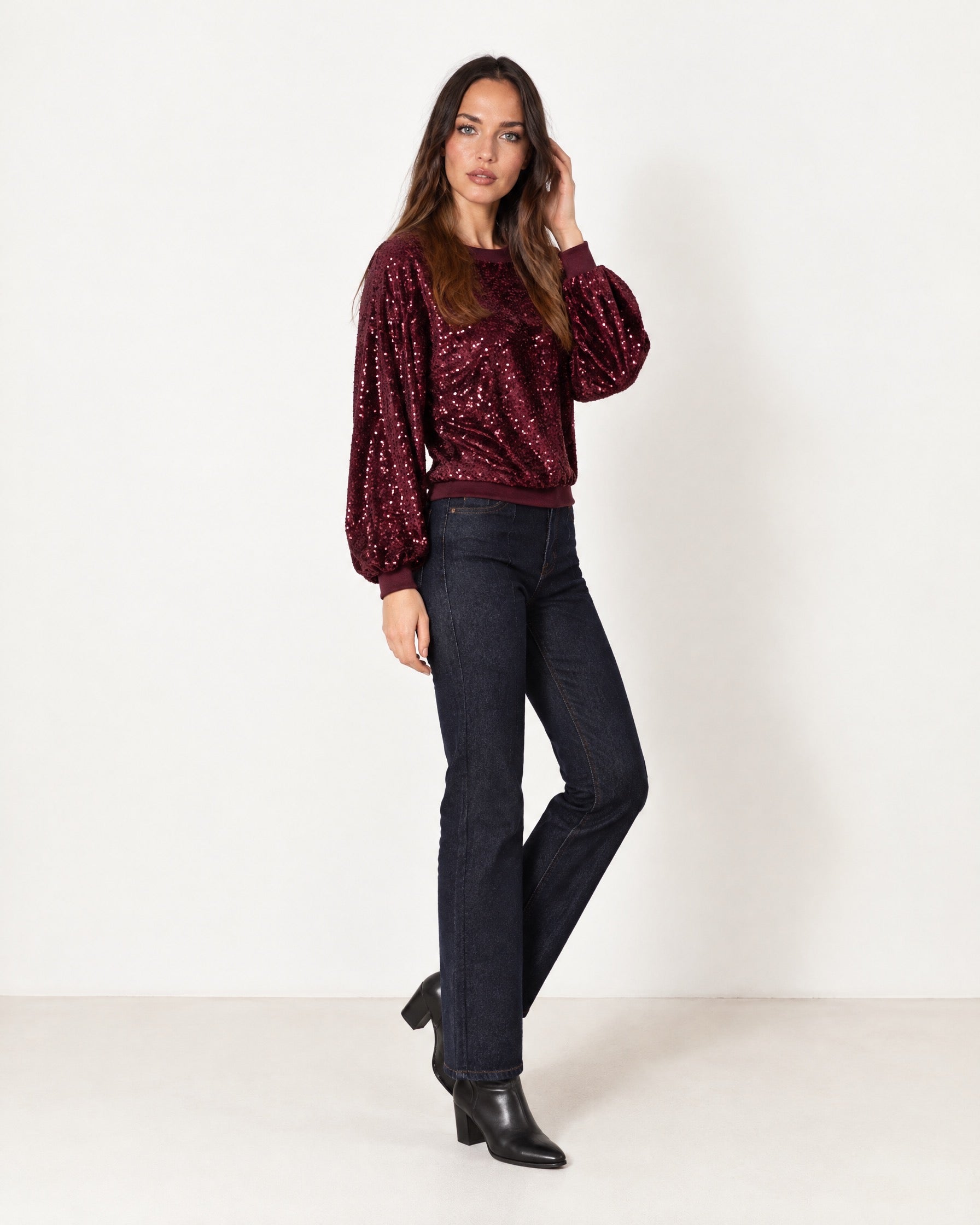Wine Sequin Top Long Sleeve Crew Neck