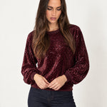 Wine Sequin Top Long Sleeve Crew Neck