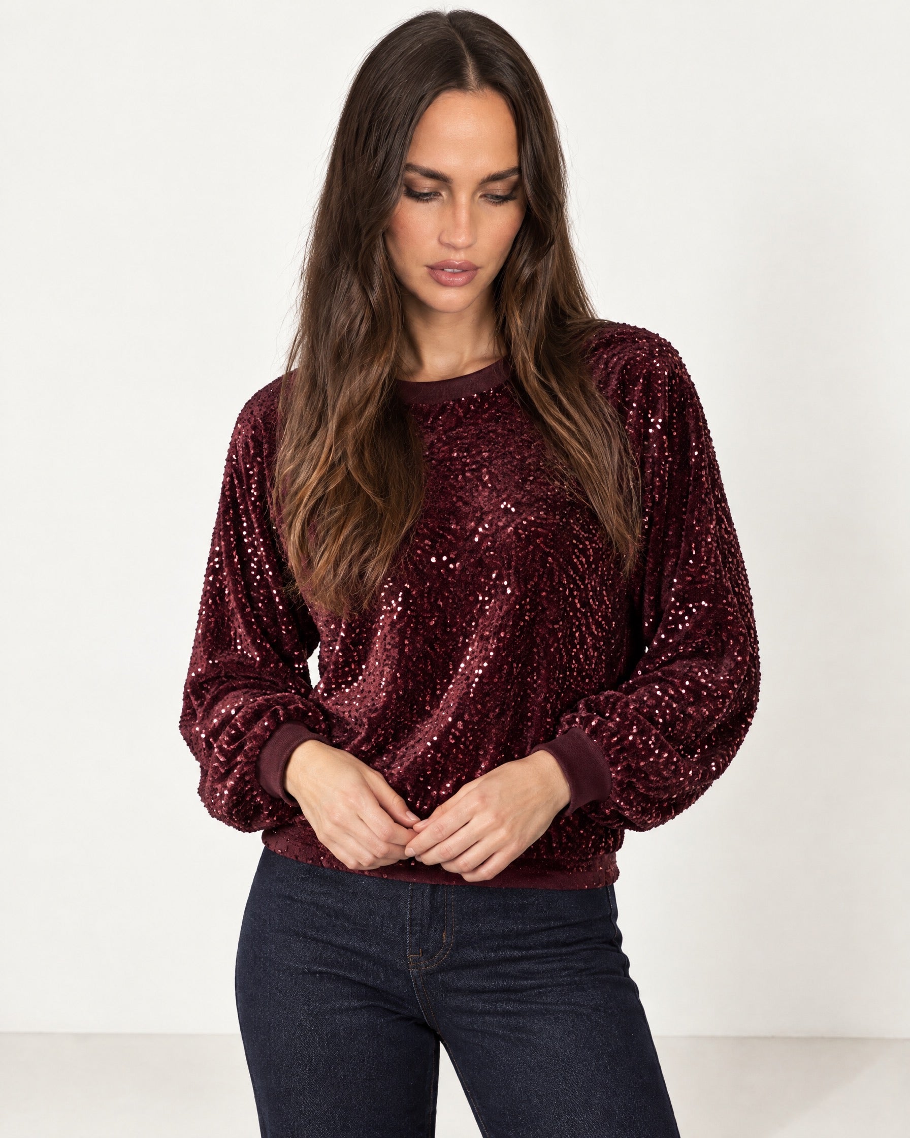 Wine Sequin Top Long Sleeve Crew Neck