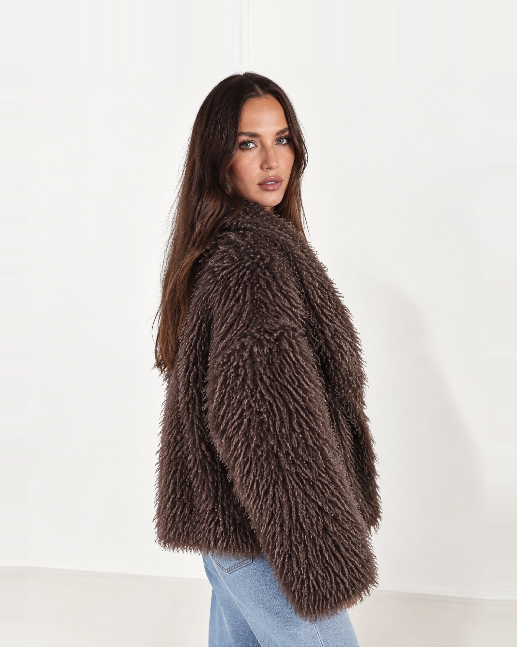 Brown Shaggy Faux Fur Jacket Oversized