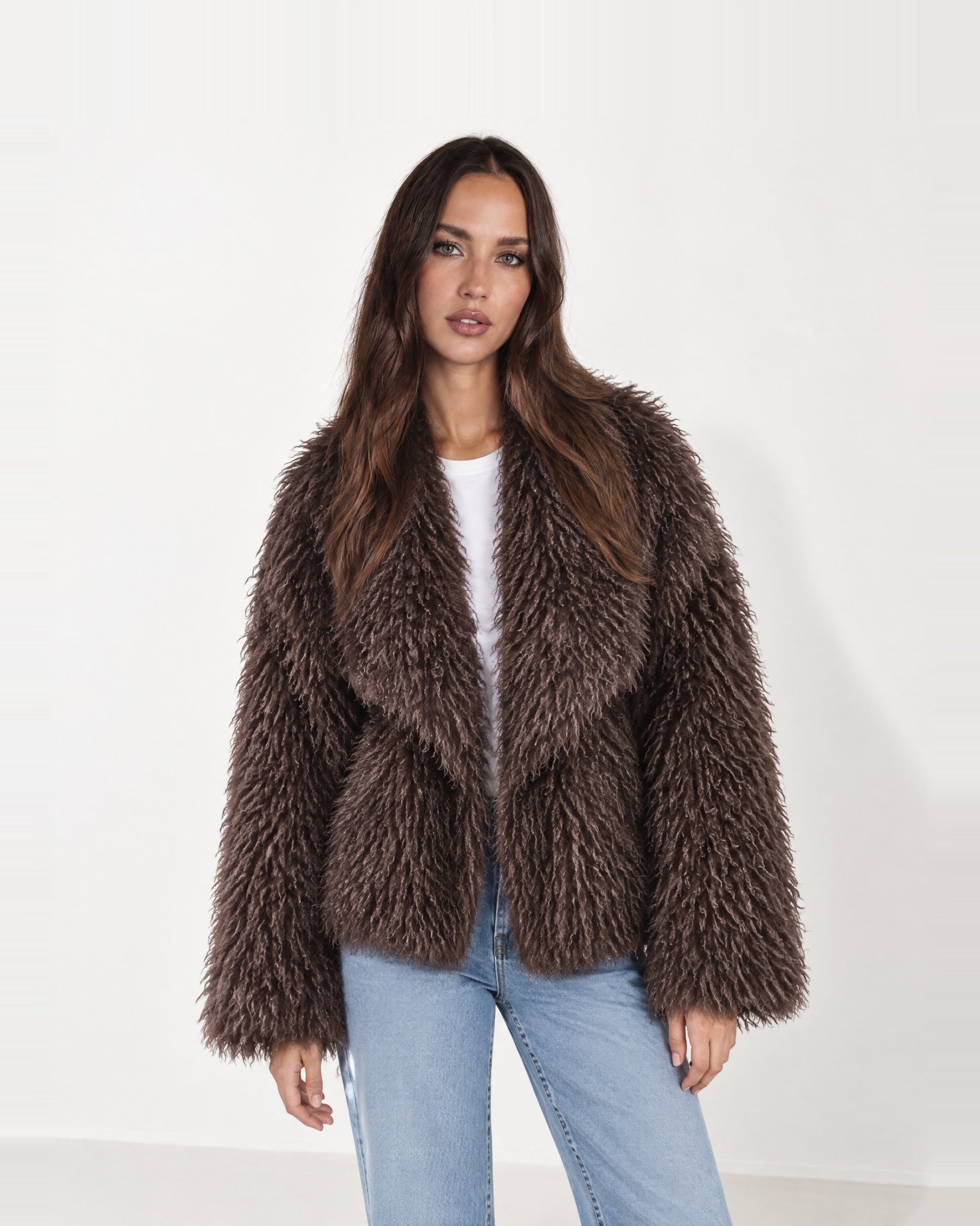 Brown Shaggy Faux Fur Jacket Oversized