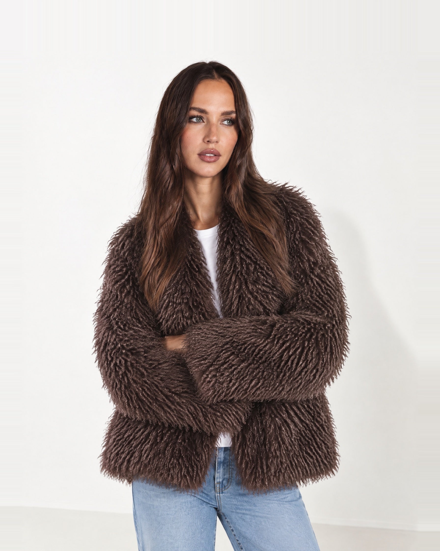 Brown Shaggy Faux Fur Jacket Oversized
