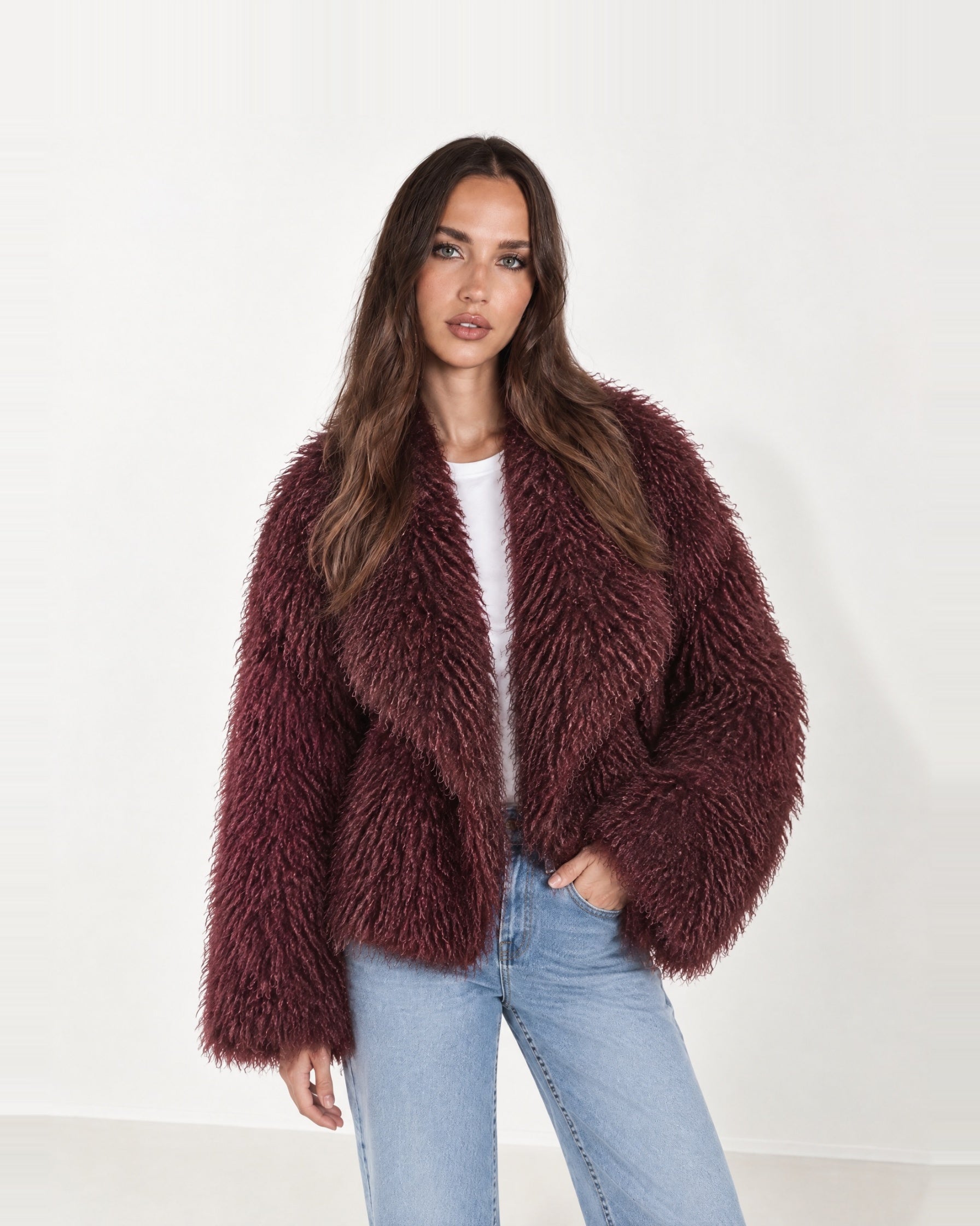 Burgundy Shaggy Faux Fur Jacket Oversized