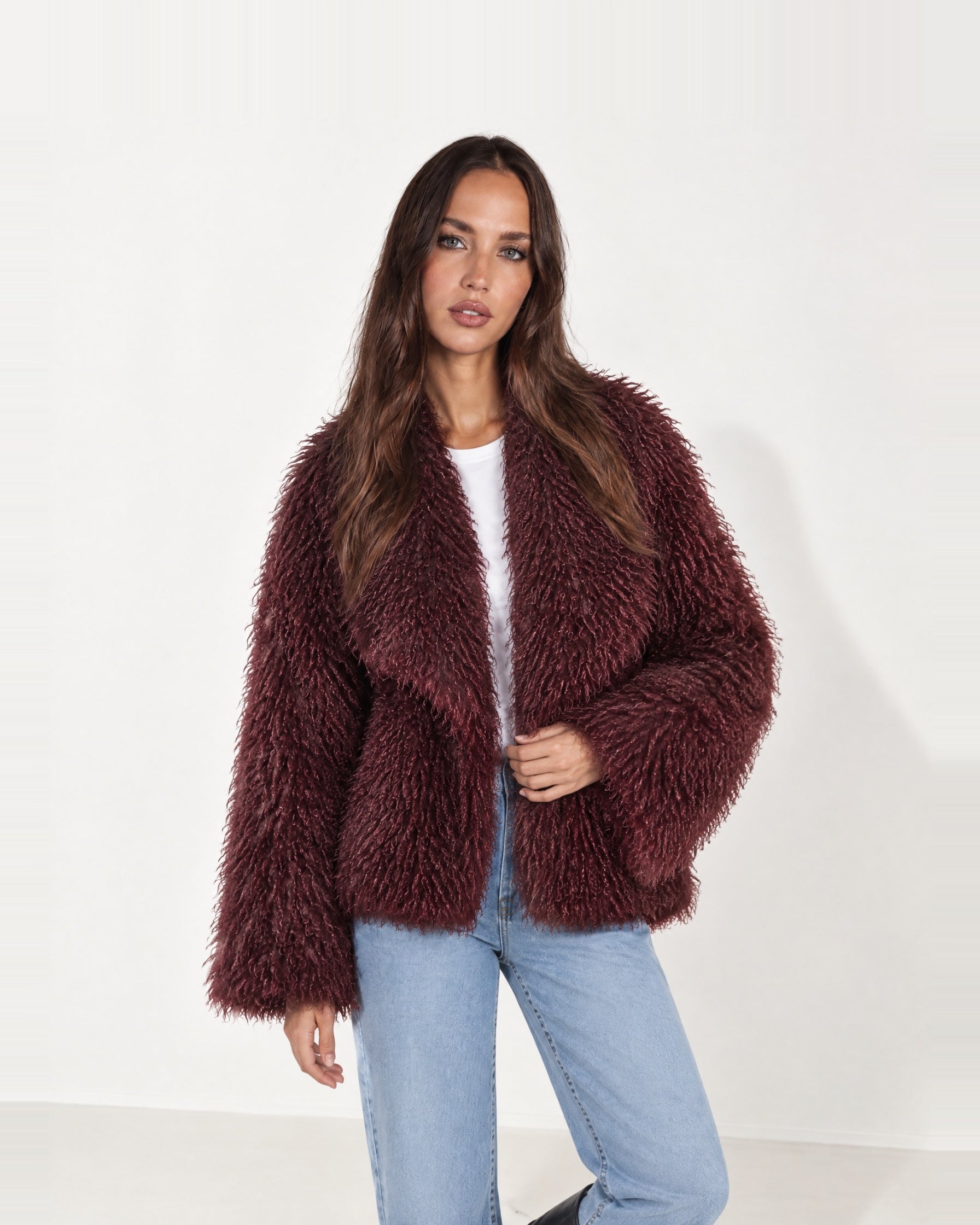 Burgundy Shaggy Faux Fur Jacket Oversized