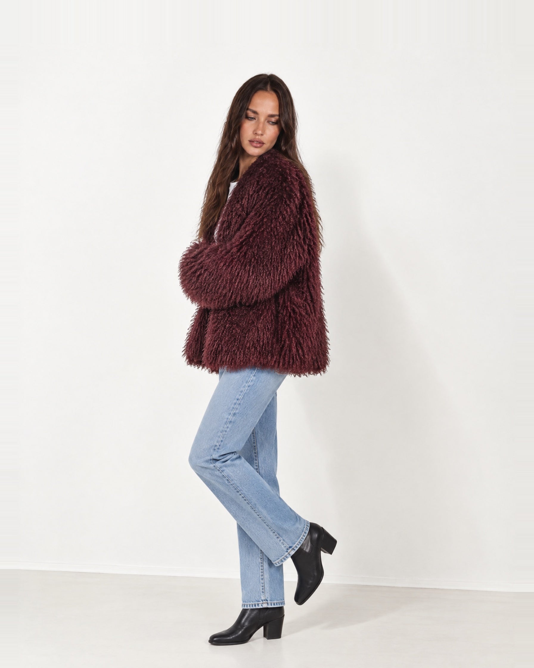 Burgundy Shaggy Faux Fur Jacket Oversized