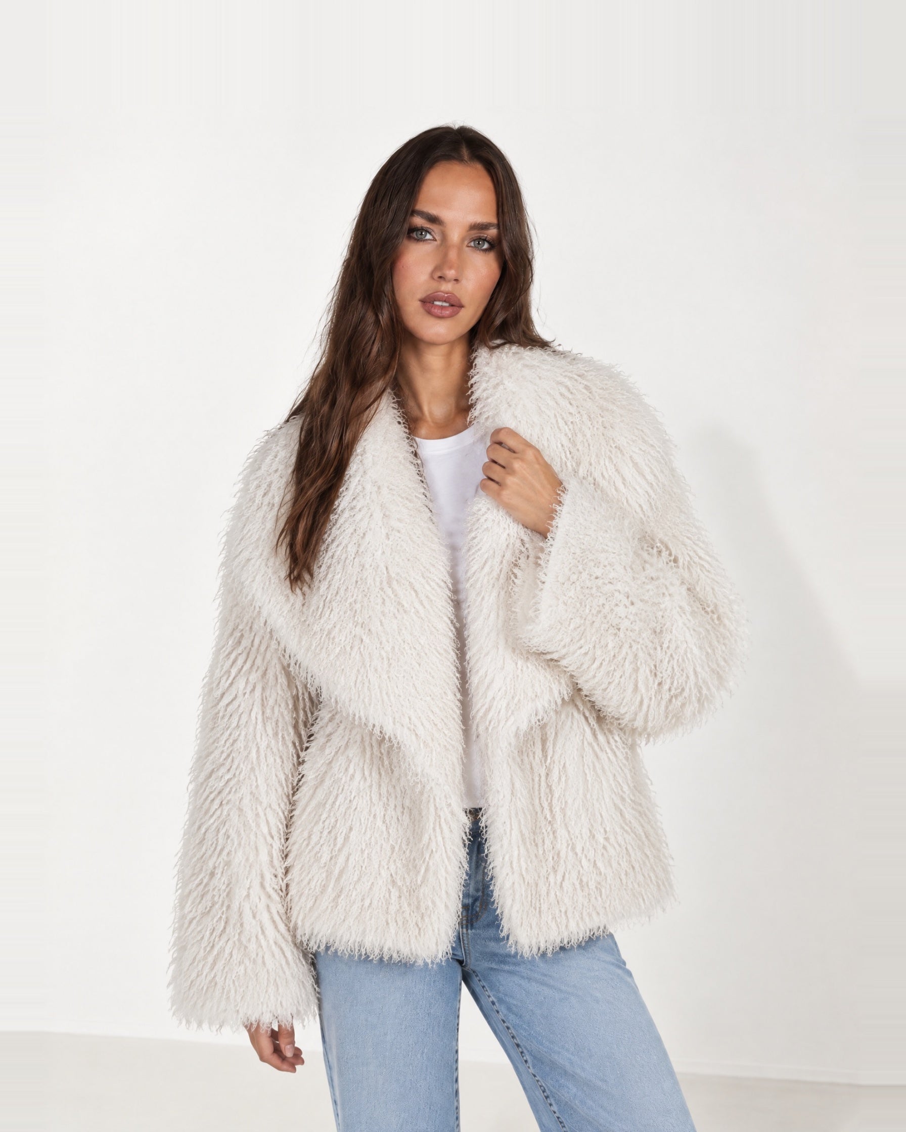 White Shaggy Faux Fur Jacket Oversized