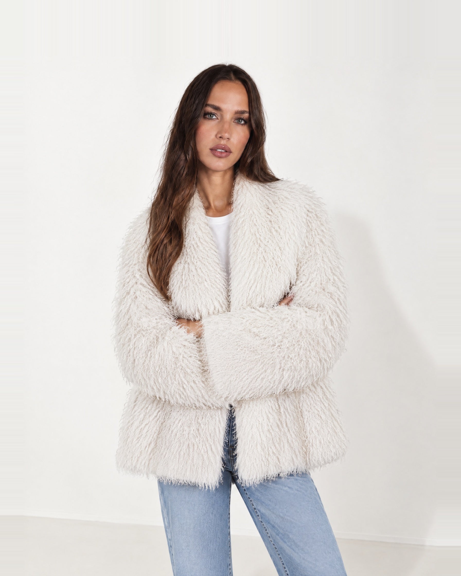 White Shaggy Faux Fur Jacket Oversized