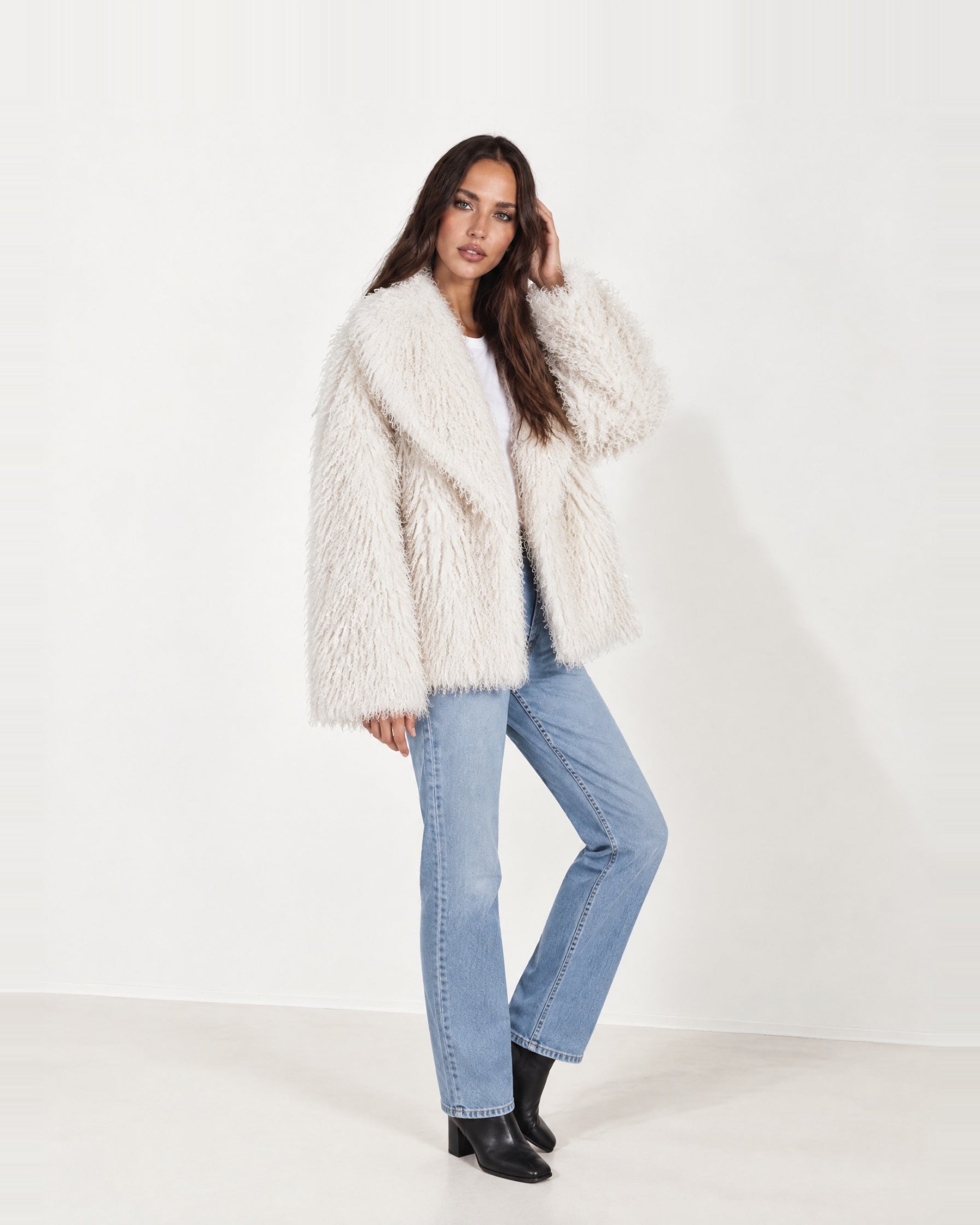 White Shaggy Faux Fur Jacket Oversized