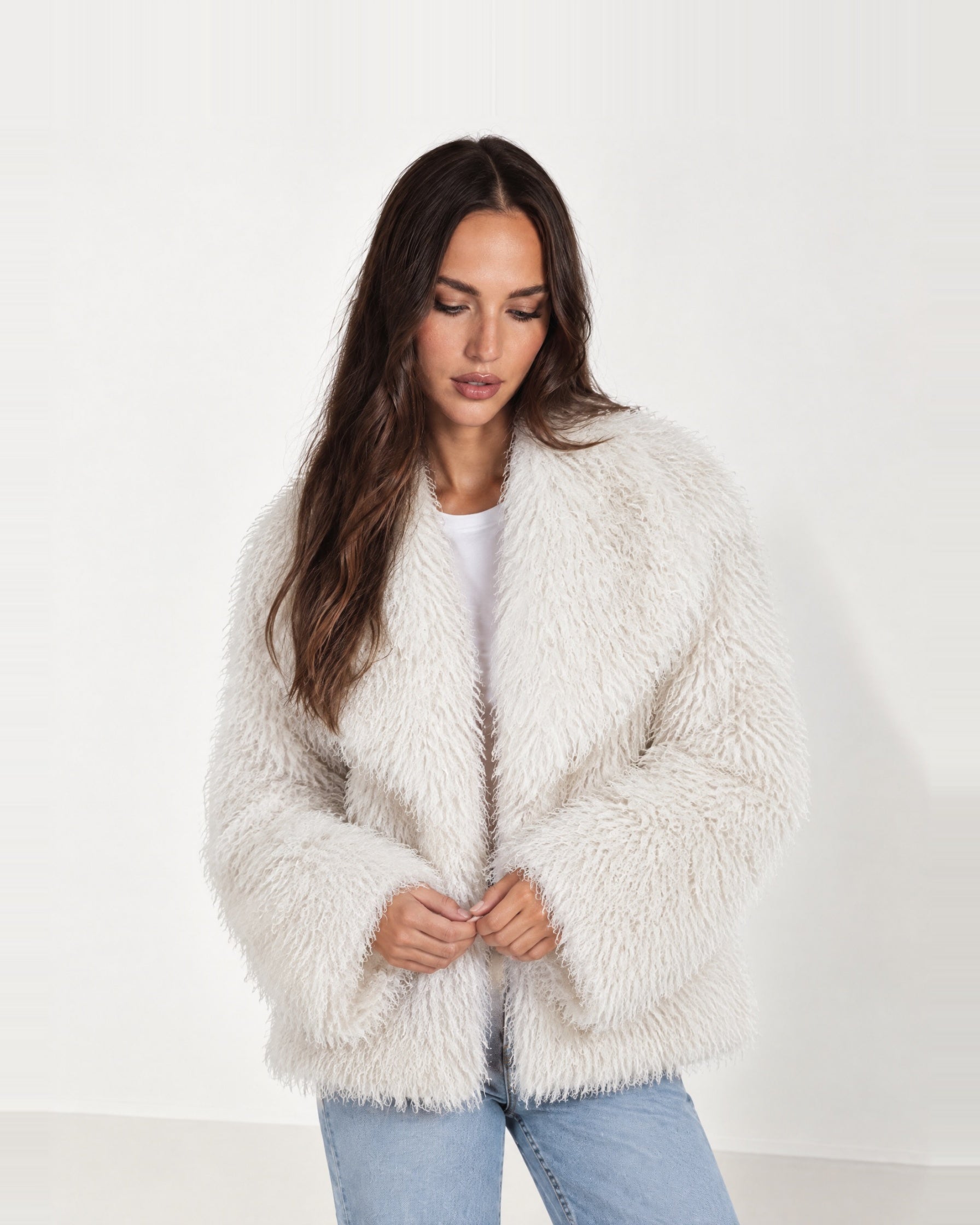 White Shaggy Faux Fur Jacket Oversized